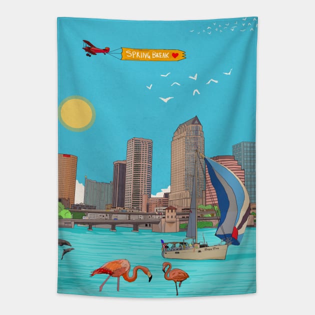Tampa Bay Skyline Spring Break Florida USA Whimsical Illustration Tapestry by Wall-Art-Sketch