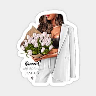 Queens Are Born In January White Outfit White Tulips Magnet