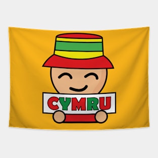 Wales football fan holding a Cymru sign Tapestry