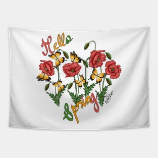 Hello Spring Poppies And Butterflies Art Tapestry