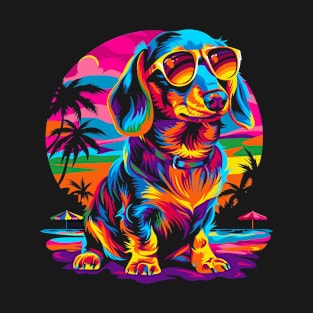 Dachshund Dog Sunglasses Beach Sunset Pop Art T-Shirt