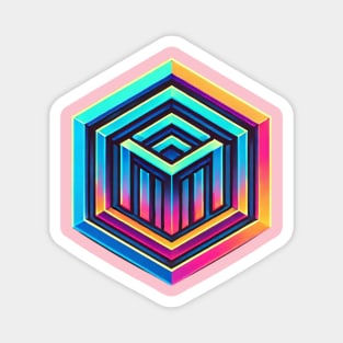 Hexagon with multiple colors which in turn contains smaller geomatric figures also of multiple colors. Magnet