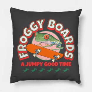 Funny and Cute Flying Frogs with a Red Eyed Tree Frog riding a  skateboard having a jumpy good time tee Pillow