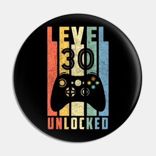 Level 30 Unlocked  30th Video Gamer Birthday Men Pin