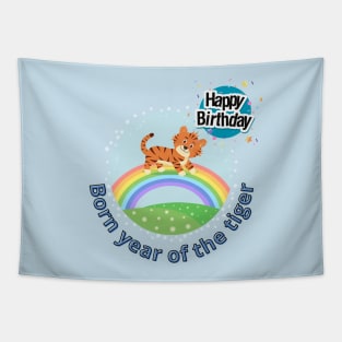 Born year of the tiger - cute BABY tiger on a rainbow Tapestry