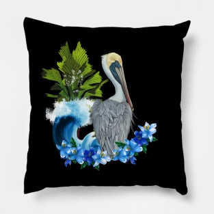 Wonderful pelican with wave and palm trees Pillow