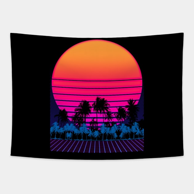 80s Vaporwave Palm Trees Sunset Tapestry by Radarek_Design