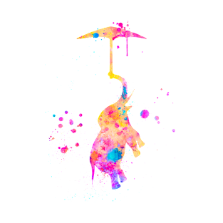 Colorful Pink Baby Elephant With Umbrella Watercolor Painting T-Shirt