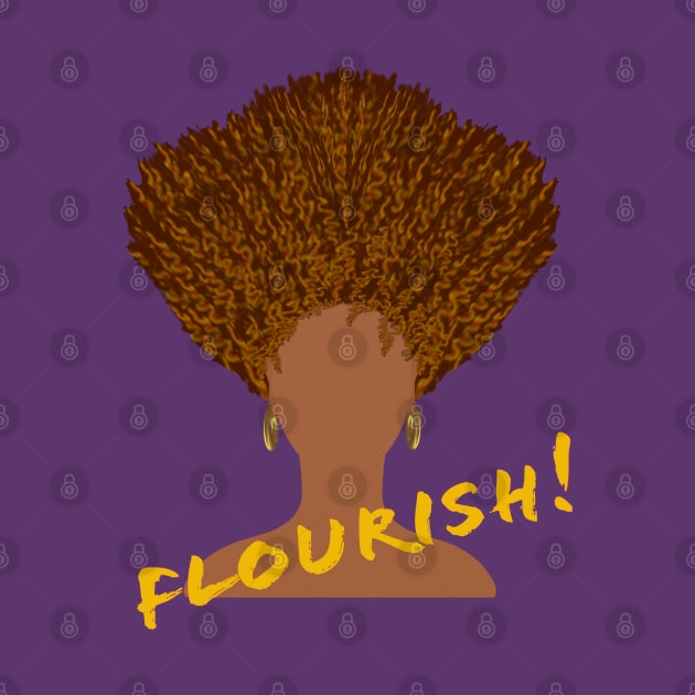 Flourish! Natural Hair Upward Curly Afro with Gold Earrings and Gold Lettering (Purple Background) by Art By LM Designs 