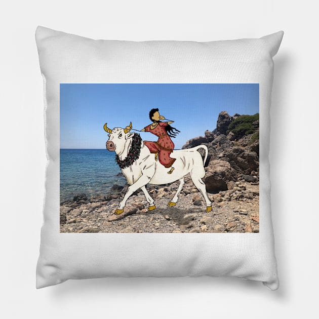 Europa, Princess of Tyre, Mother of Minos - and the Bull Zeus - leaving Crete Pillow by GreekMythComix