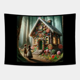 Whimsical Encounter in the Woods: Hansel and Gretel's First Glimpse of the Gingerbread Cottage Tapestry