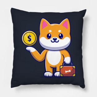 Cute Shiba Inu Dog With Gold Coin And Suitcase Cartoon Pillow