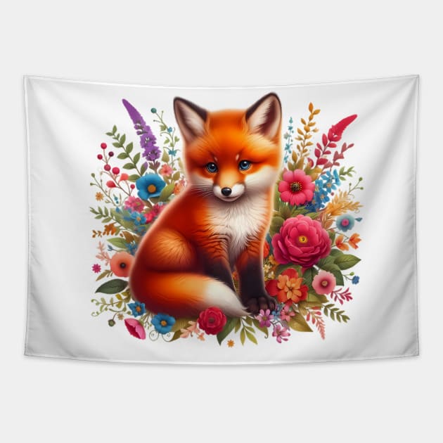 A red fox decorated with beautiful colorful flowers. Tapestry by CreativeSparkzz