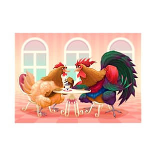 Hen and rooster in a cafè T-Shirt