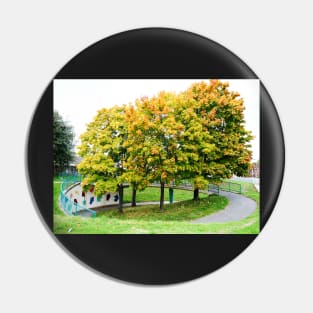 Autumn trees leaves over underpass painting Pin