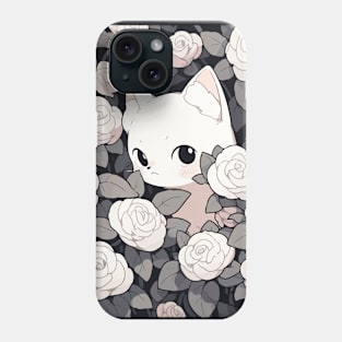 Cute white kitten in a field of roses Phone Case