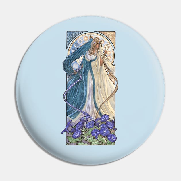 Lady of September with Sapphire and Morning Glories Celestial Moon and Sun Goddess Mucha Inspired Birthstone Series Pin by angelasasser