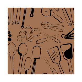 Minimal pattern of kitchen tools on a black background T-Shirt