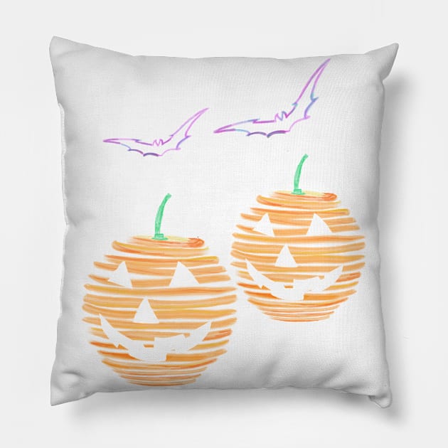 Halloween Pumpkin smiles with bat Pillow by Uwaki