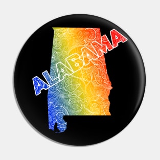 Colorful mandala art map of Alabama with text in blue, yellow, and red Pin