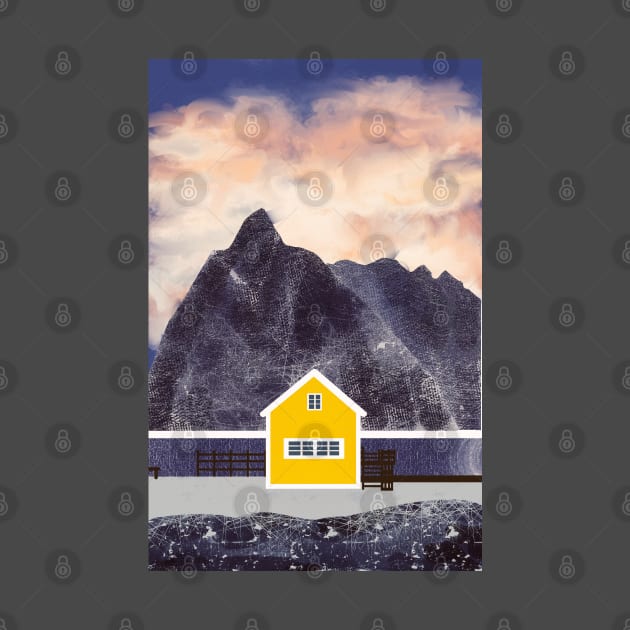 Yellow Little cabin in Norway Sakrisoy island In the dark by Mimie20