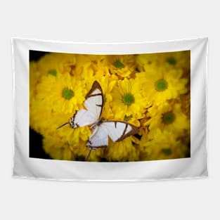 White Exotic Butterfly On Yellow Poms Tapestry