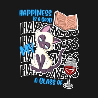 Happiness Is Siamese Cats Books Wine Cute Siamese Cat Lover T-Shirt