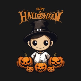 Cute Boy in Witch Hat and Spooky Pumpkin, Happy Halloween T-Shirt