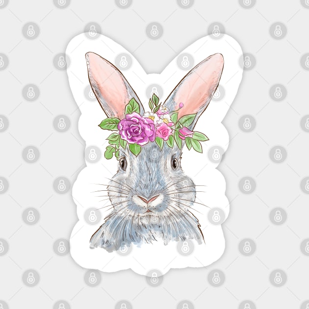 Cute Bunny with Floral Crown Illustration Magnet by denizko