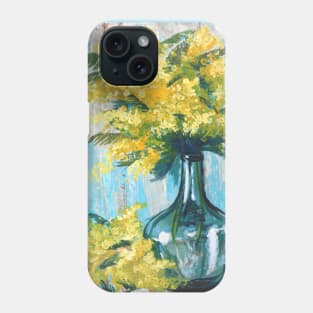 impressionist rustic turquoise still life painting flowers yellow mimosa Phone Case