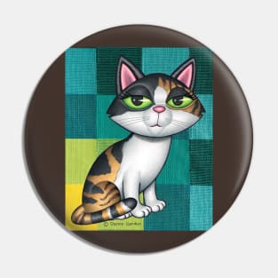 Cute Calico Cat on Greenish and yellow squares Pin