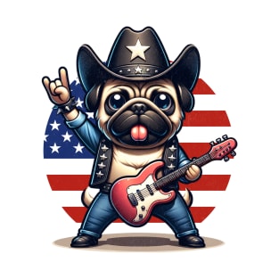 American Country Rock Pug Dog with Guitar T-Shirt