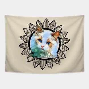 Cute Cat blue eyes BLK sunflower Tapestry