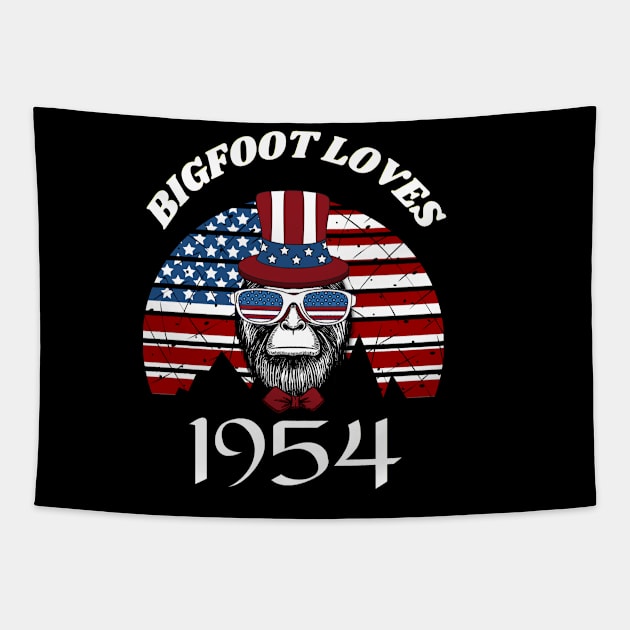 Bigfoot loves America and People born in 1954 Tapestry by Scovel Design Shop