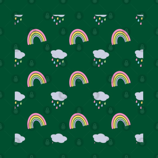 Rainbow and Rain Clouds Pattern in Green by Kelly Gigi