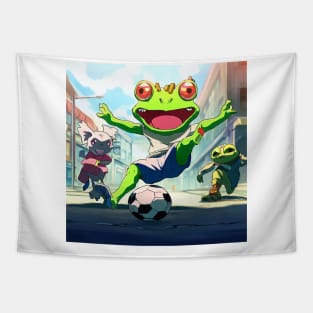 Cartoon anime Frog playing Football in Japan street Kawaii Tapestry