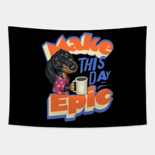 funny morning cute doxie with morning coffee dachshund Tapestry