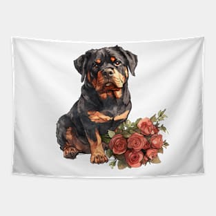 Valentine Rottweiler Dog Giving Flowers Tapestry