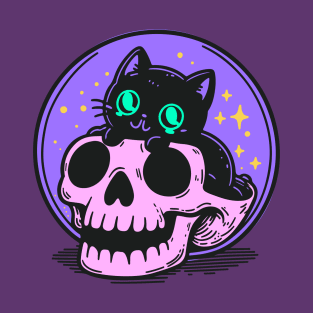 Black kitten sit in skull T-Shirt