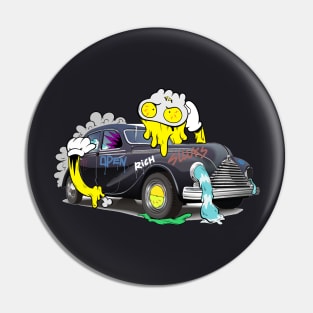 Dope mask cartoon man hugging a vintage car illustration Pin