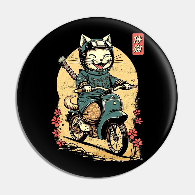 Japanese Samurai Cat on Motorcycle Kawaii Ninja Cat Pin by Apocatnipse Meow