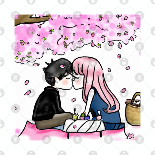 Cute Anime Couple Kissing Under Cherry Blossoms by Multiplanetary Studios