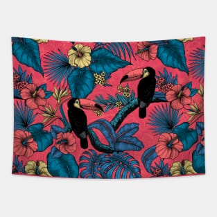 Toucan garden in red and blue Tapestry