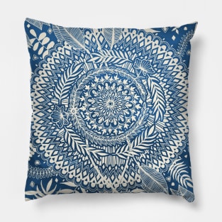 Diamond and Doodle Mandala On Blue Pillow