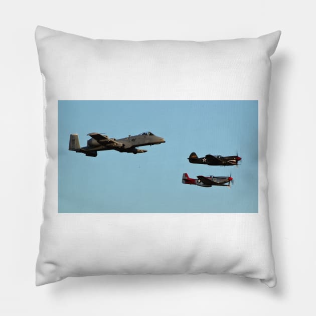 P-51 Mustang P-40 Warhawk and A-10 Warthog Heritage Flight Pillow by acefox1