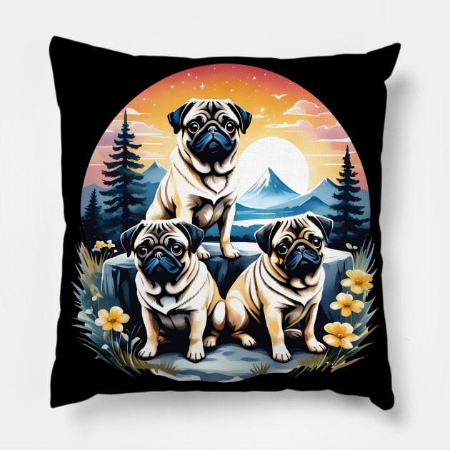 Three pugs outdoors Pillow by ArtfulTat