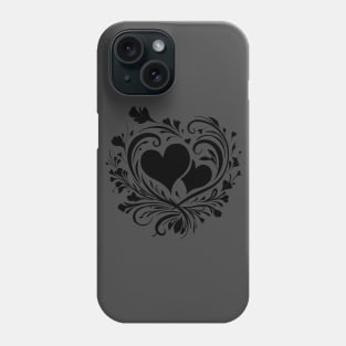 Elegant Black Heart and Floral Swirls Love Theme Phone Case
