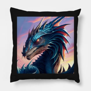 Intricate Blue Scaled Dragon at Sunrise Pillow