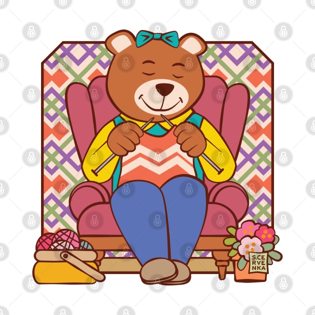 Bear Knitting in Chair by Sue Cervenka