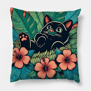 Black  Cat wondering about spring in giant cities. Pillow